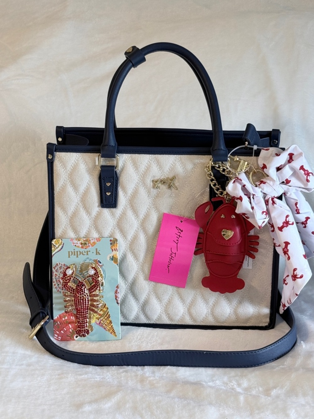 Betsey Johnson Cream Quilted Satchel with Navy Trim And Lobster Hair Clip Bundle